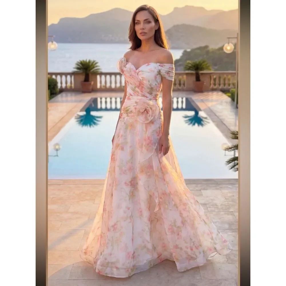 KOS COUTURE Off Shoulder Floral White Maxi Dress Ruffle Pleated Chiffon Sz 8 NWT